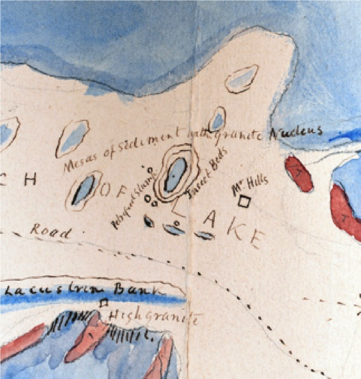 A closeup of a watercolor map showing the location of the Hill's homestead in the center.