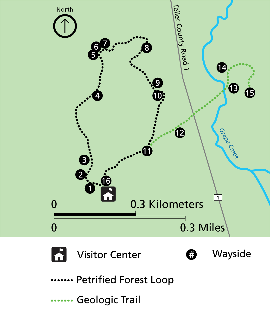 Map of Florissant Fossil Beds with locations of waysides numbered in black dots.