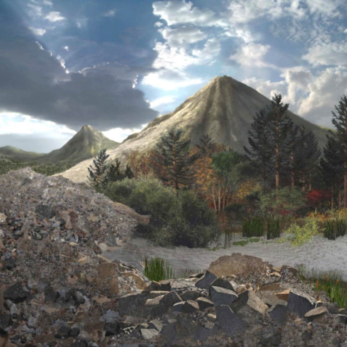 Volcano in background and large volcanic mudflow impounding a stream in foreground