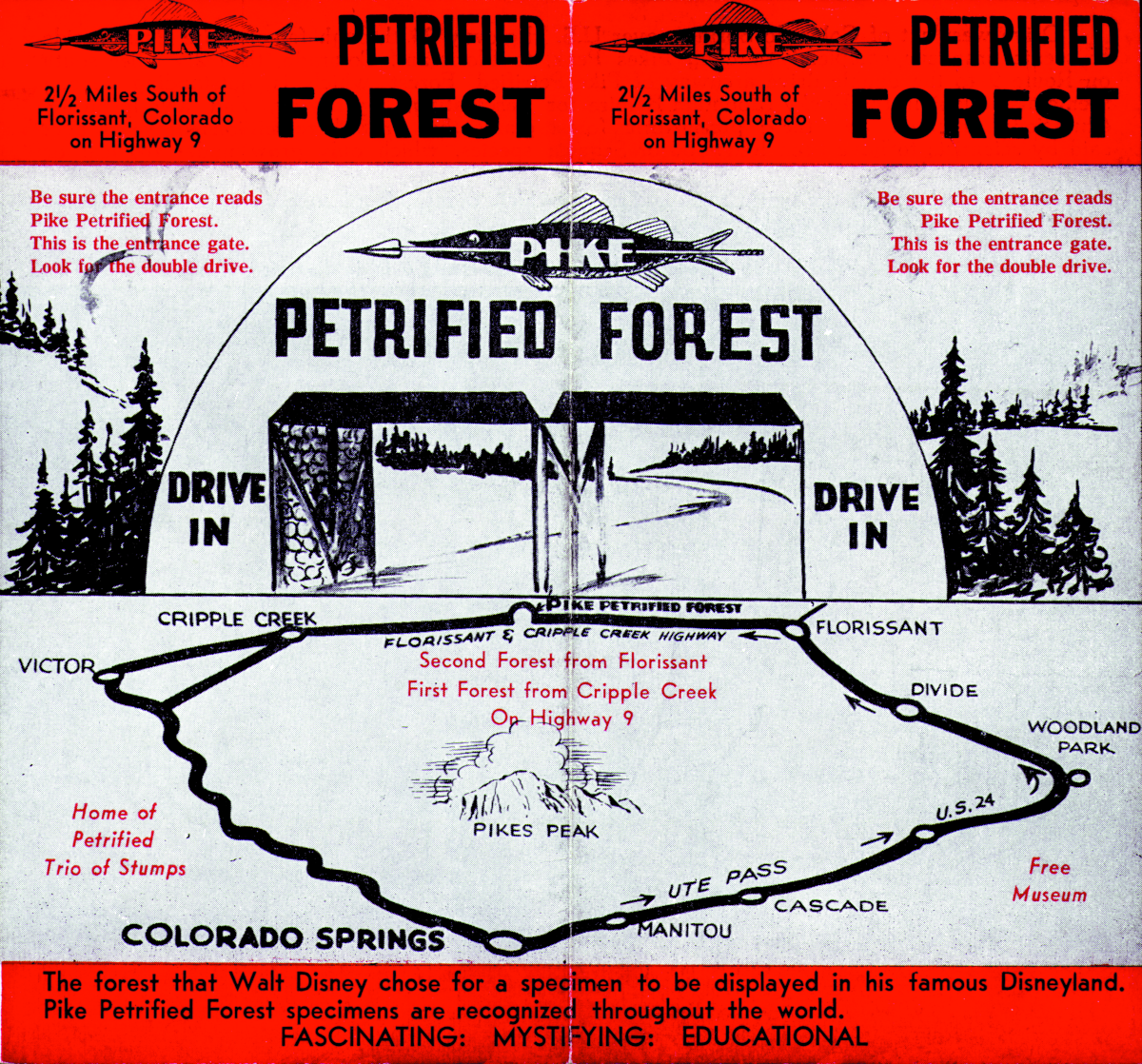 A red, black, and white brochure folded out to display an ink drawing of a map and sign that says Pike Petrified Forest.