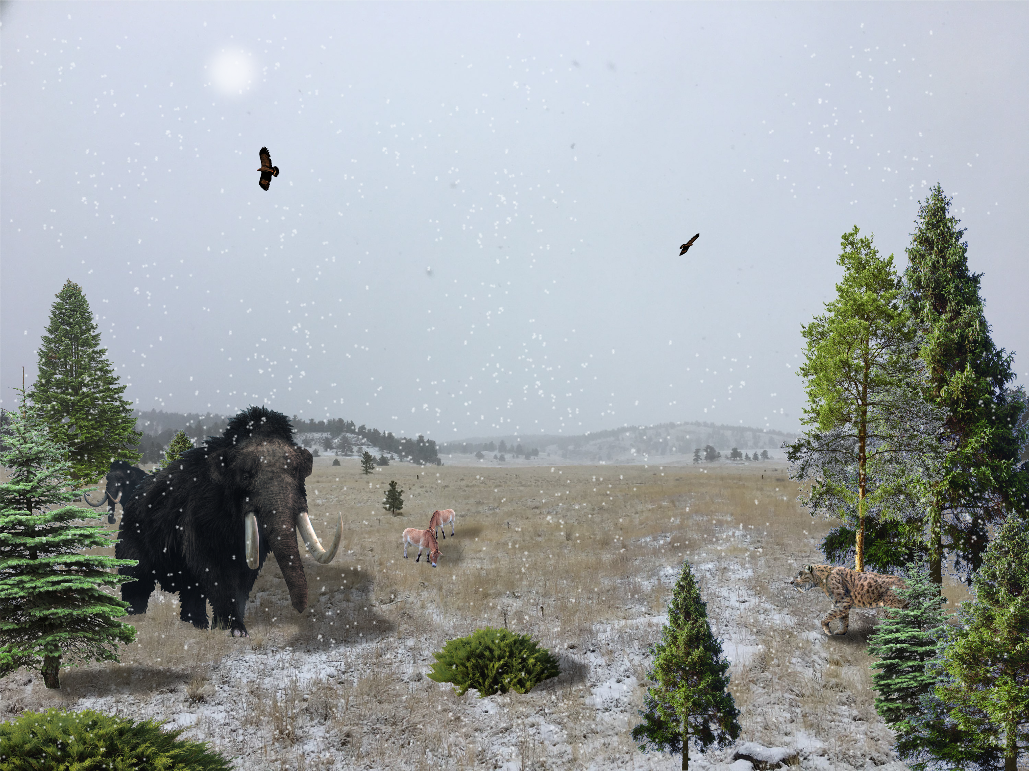A constructed image of what the monument might have looked like in the Pleistocene with a mammoth and other ice age animals on a snowy field.