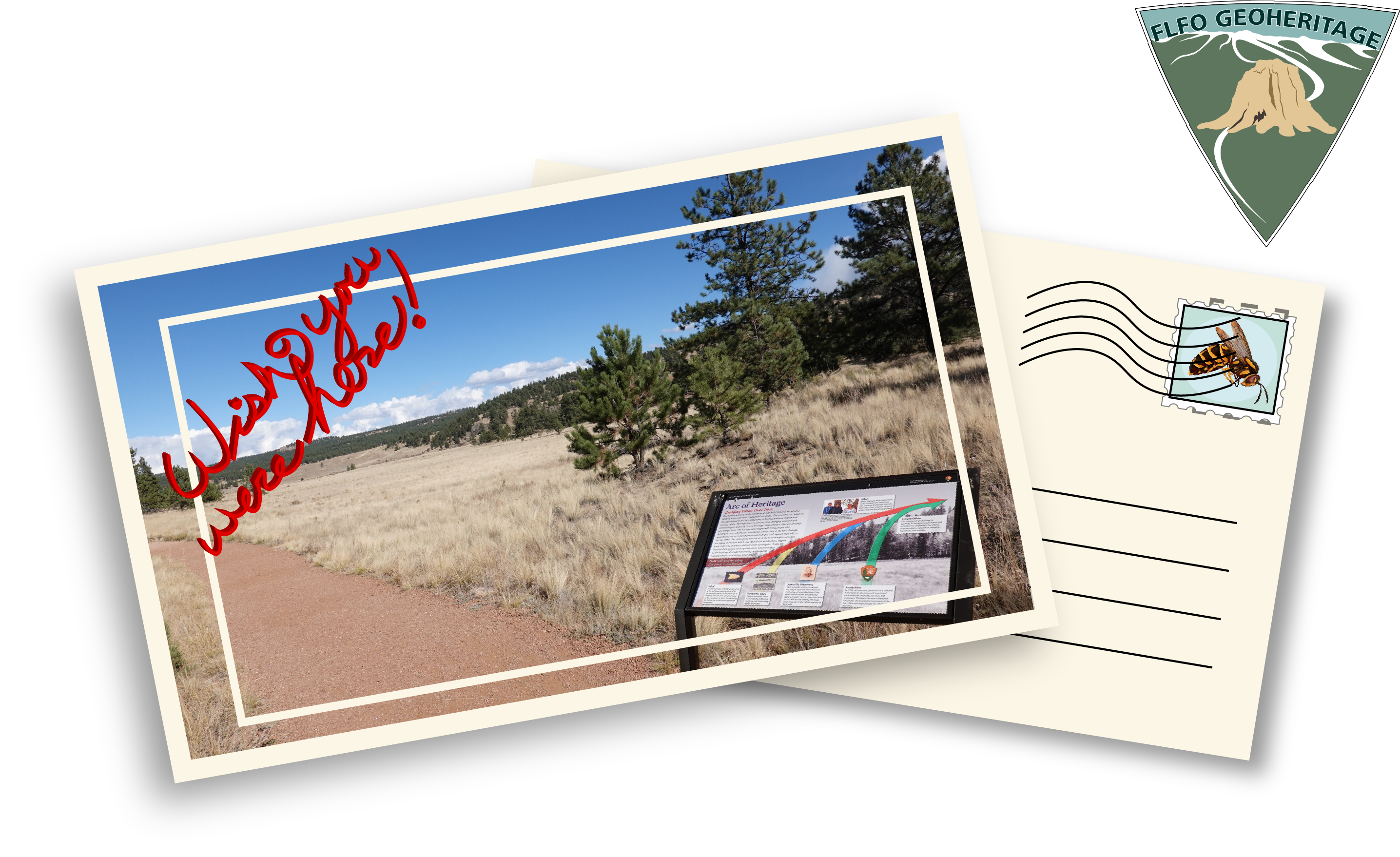 A postcard illustration showing a valley filled with grass and a wayside sign in the lower right corner. In the upper left corner are the words "wish you were here" in red.