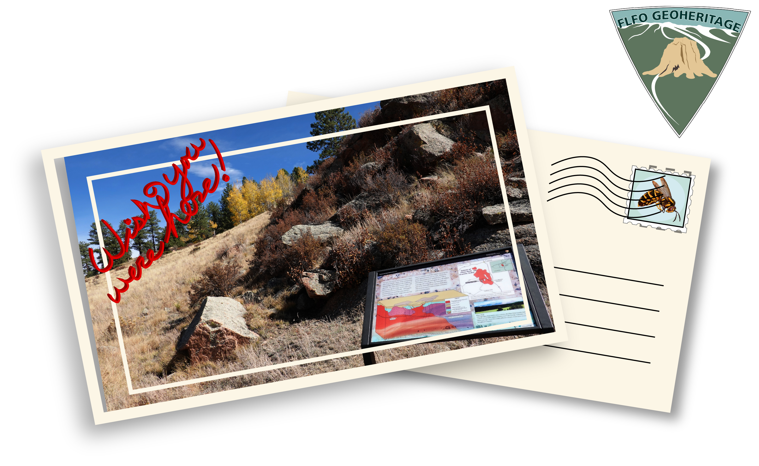 Illustration of a post card with photograph of a rocky hillside and a wayside in the lower right corner, in the upper left corner are the words "wish you were here" written in red.