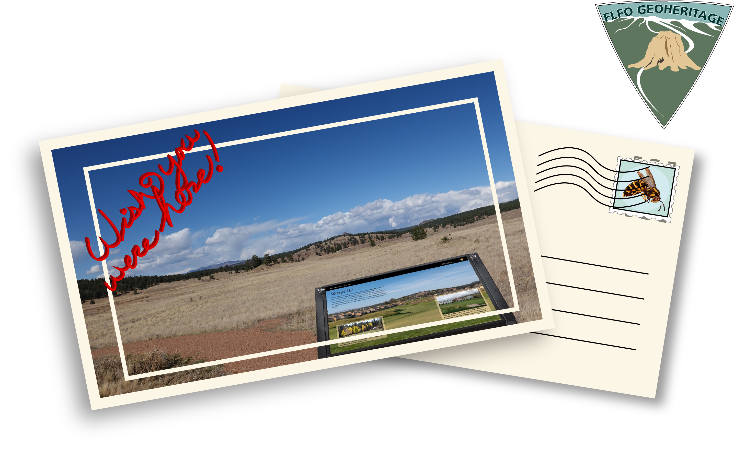 An illustration of a post card with a picture of a grassy valley with a mountain in the distance, in the lower right corner is a wayside panel in the upper left is the words "wish you were here" in red.