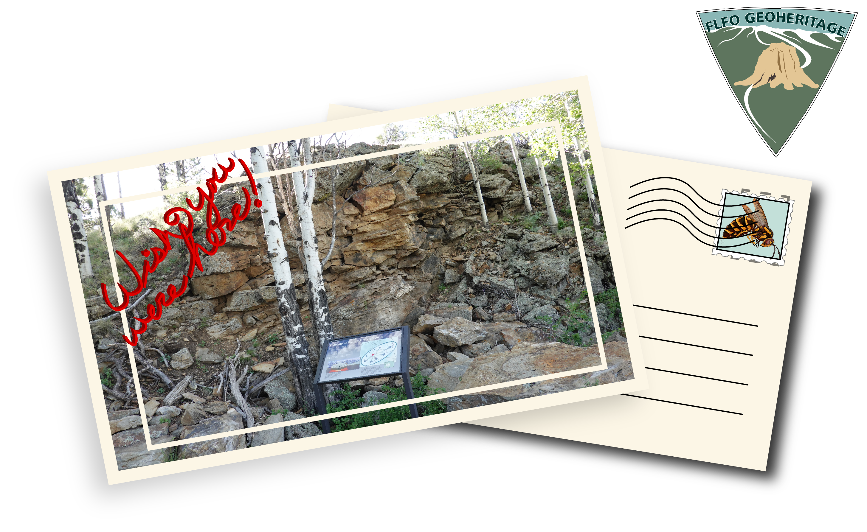 A photograph of the Wall Mountain Tuff and it's wayside in the form of a postcard.
