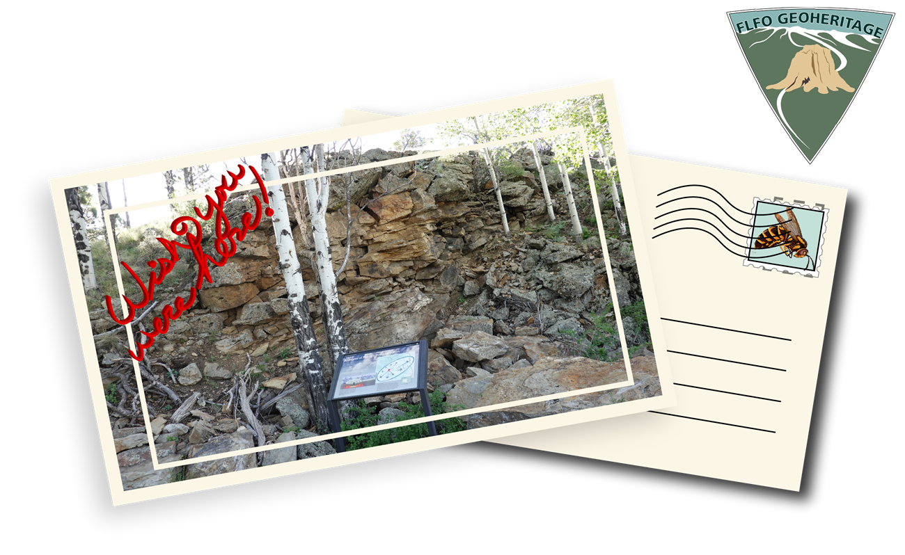 A photograph of the Wall Mountain Tuff and it's wayside in the form of a postcard.