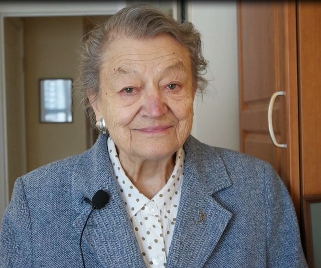 Dr. Estella Leopold looks directly into a camera during an interview