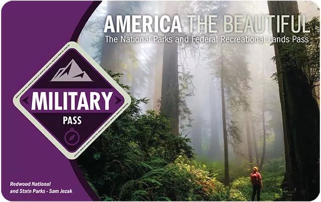 America the Beautiful 2021 Annual Military Pass with picture of hiker in a redwood forest