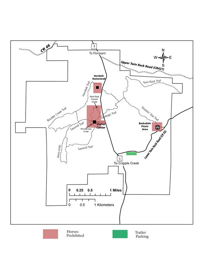 Map of the park, roughly 3 miles square. Roads and trails are shown, as well as overlays described in adjacent text.