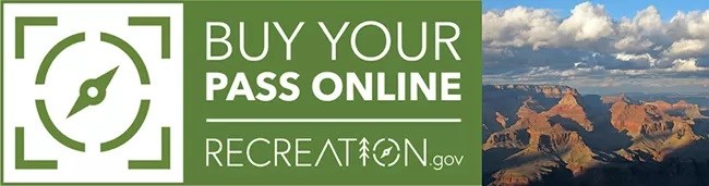 Logo for Recreation.Gov website which says "Buy Your Pass Online  Recreation.gov" with picture of Grand Canyon