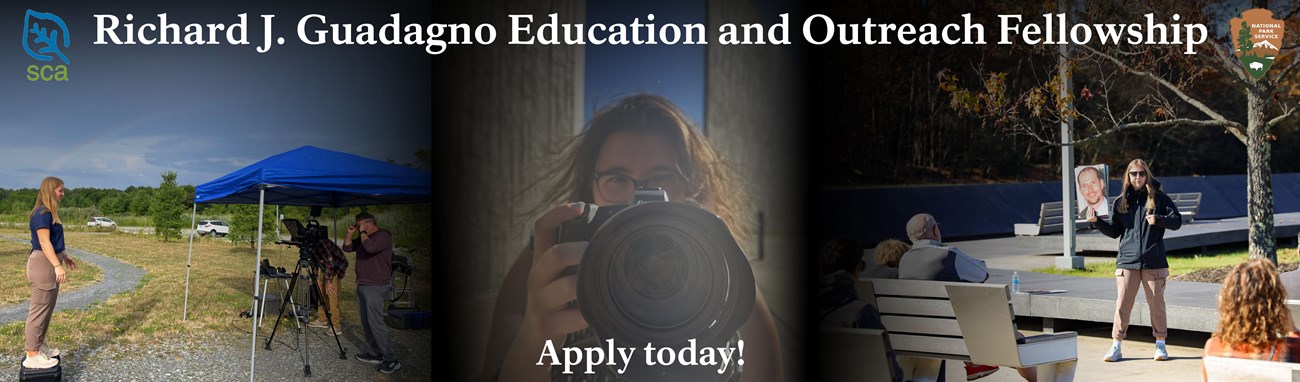 Three images of previous interns, left image depicts a girl standing in front of camera, middle photo is girl taking photo on a camera, and right image depicts a girl talking to a group of visitors