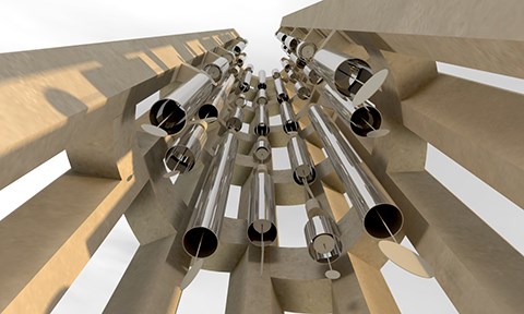 Esta representación artÃstica de las campanas de viento completas dentro de la Torre de las Voces muestra los cuarenta campanas diferentes y los huelguistas internos unidos a las velas que se proyectan desde el fondo de cada campana.