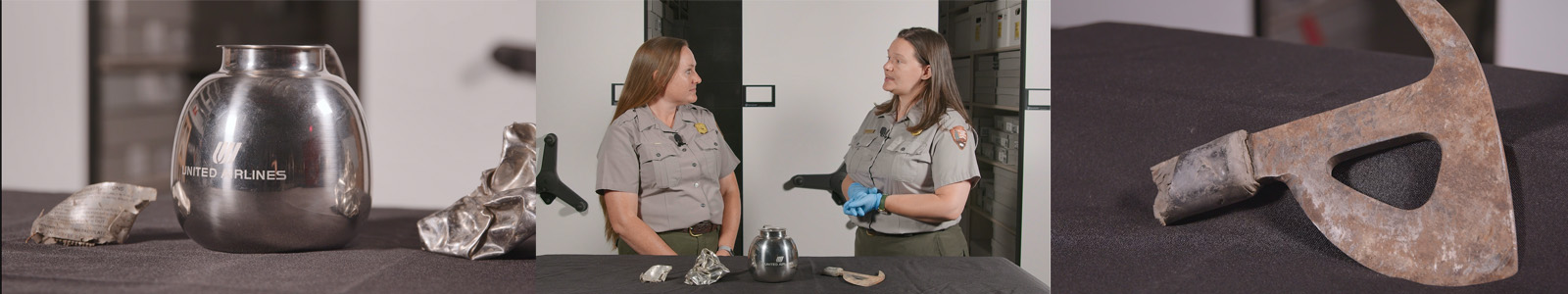 Three images of items from the museum collection and staff speaking to each other