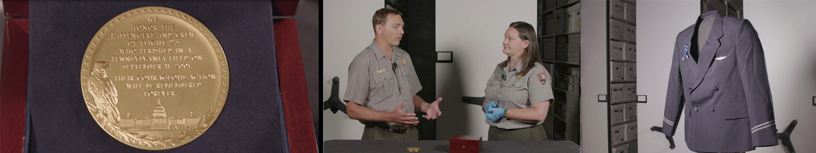Three images of artifacts from the video, and two people standing near them