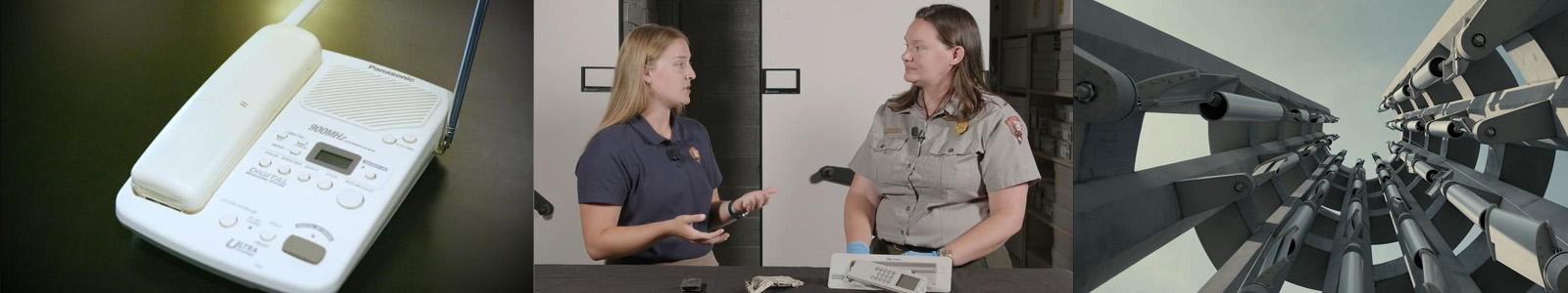 Three images of rangers and staff with artifacts from the museum collection