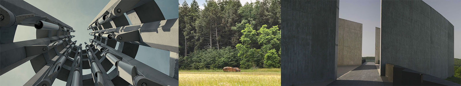 Three images depict the Tower of Voices, a boulder in the field and the walls of the Visitor Center
