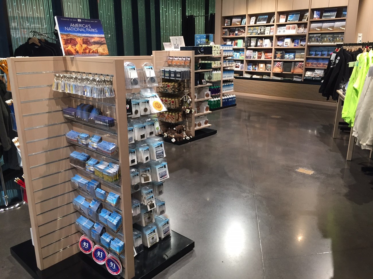 Interior view of the visitor center book store featuring books and other educational memorabilia.