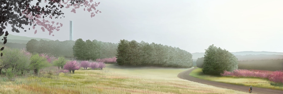 Tower of Voices - Distance Artist rendering of the future Tower of Voices. Tall thin tower in the distance with trees and a walking path in the foreground.