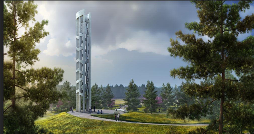 Artist rendering depicting the Tower of Voices, a 93 foot tall tower that will hold 40 chimes, representational of the passengers and crew of Flight 93.