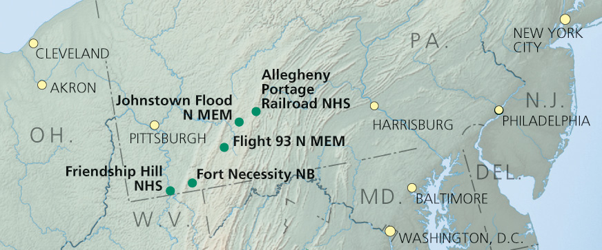 A map indicating where the National Parks of Western Pennsylvania are located.