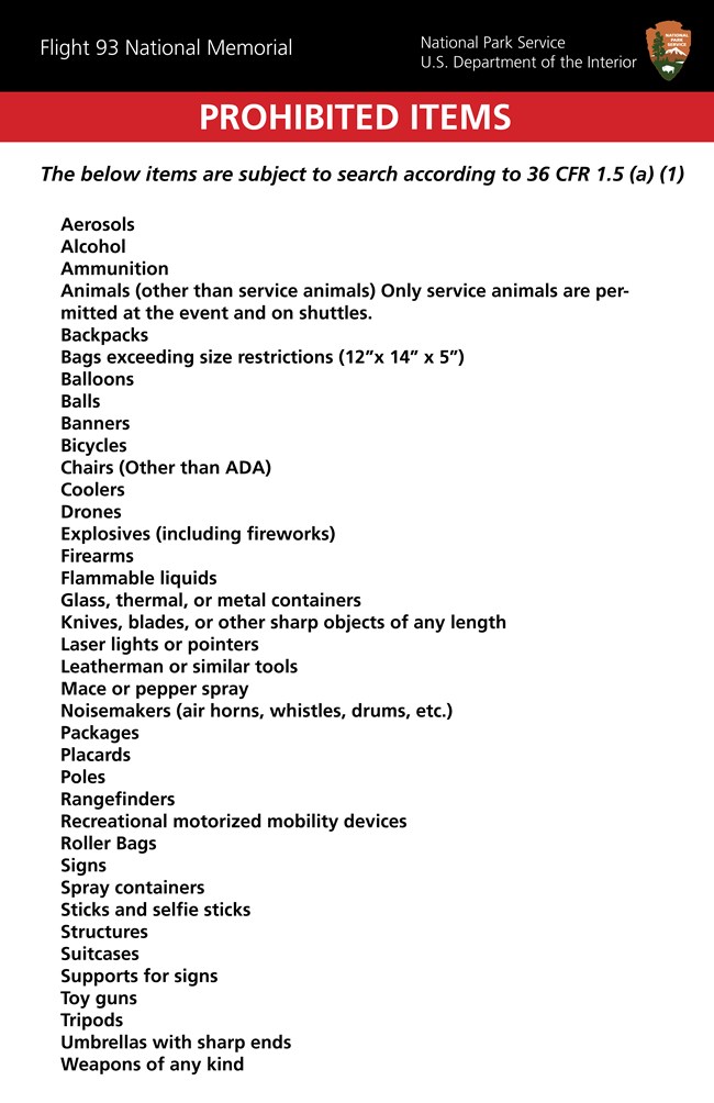 List of prohibited items at September 11 observance