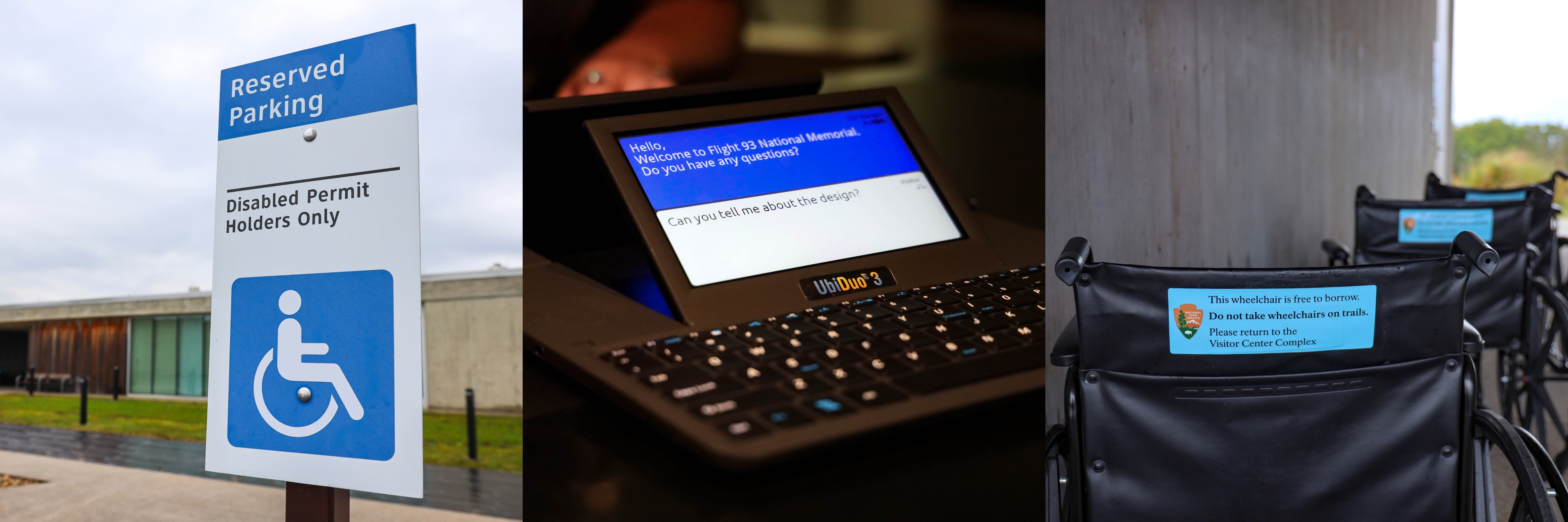 Three images in a row. The first depicting a disabled permit holders parking sign. The second shows an Ubi-Duo communication device. The third image shows three wheelchairs with bright blue NPS labels on them.