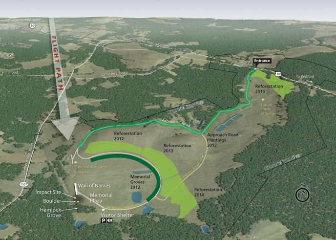 Map showing the location of memorial elements and the location of the different tree planting efforts