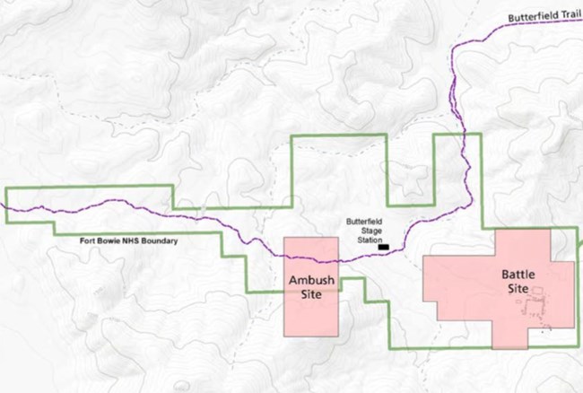 An overview of the current boundaries of Fort Bowie National Historic Site and the locations within the park where the ambush and battle occured in July 1862.