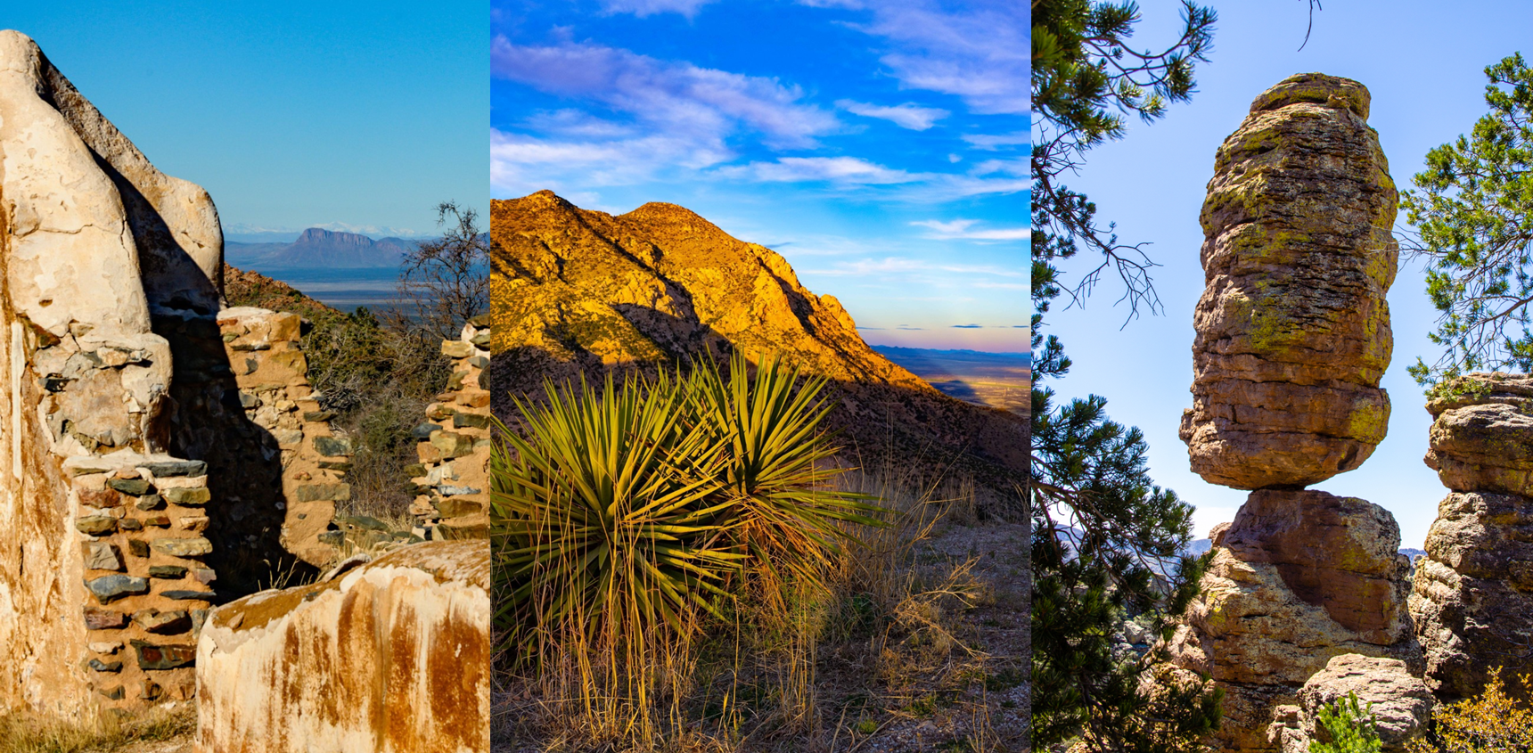 Southeast Arizona Group Parks Three images, left image shows white walls with mountains in background, center image overlooks a valley, right image is a balanced rock.