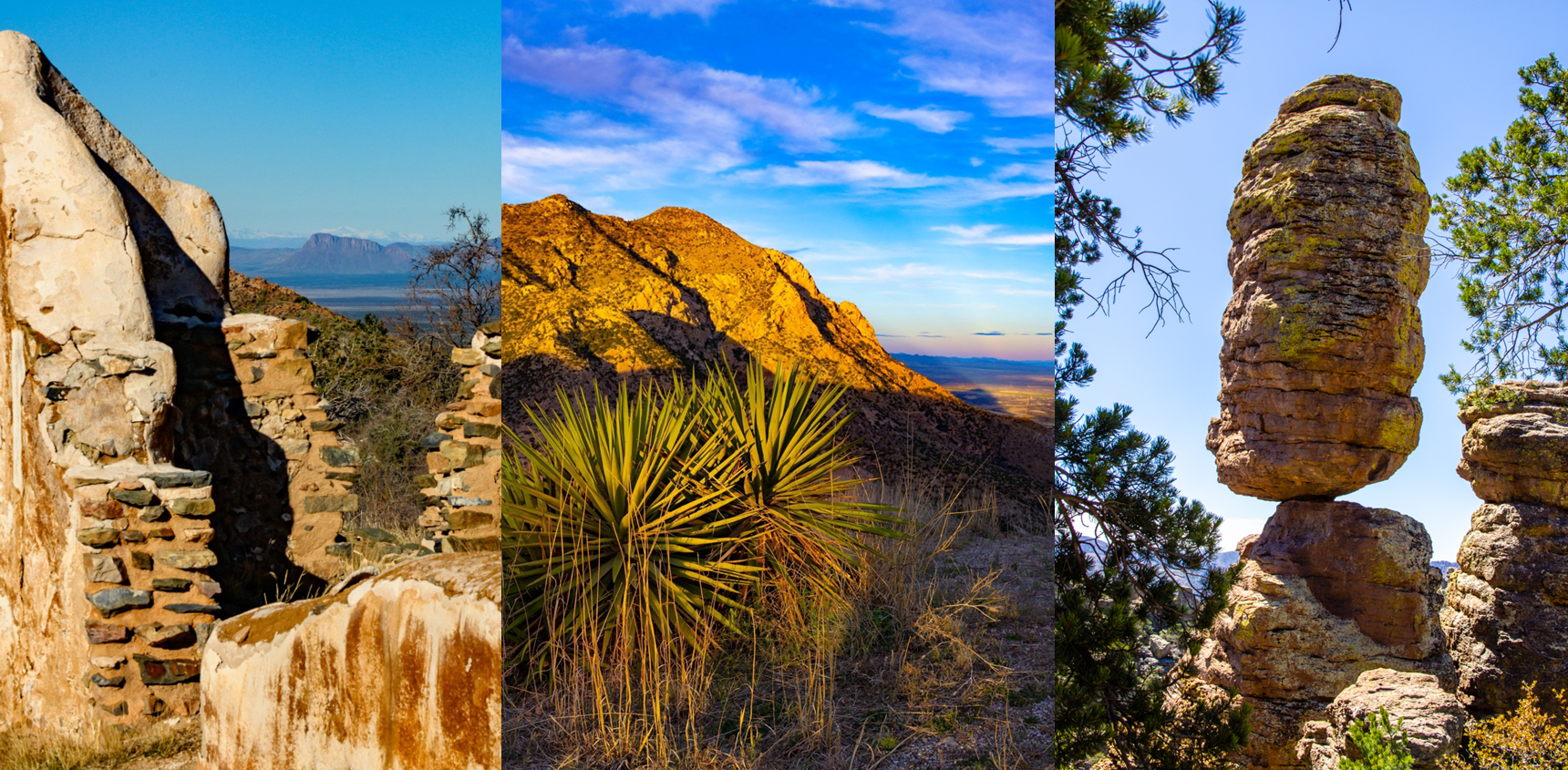 Three images, left image shows white walls with mountains in background, center image overlooks a valley, right image is a balanced rock.