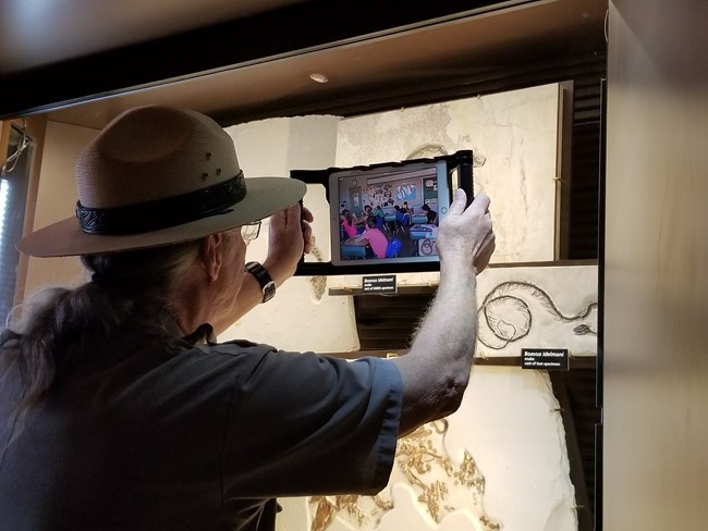 A ranger hold an ipad in front of fossil snakes. A room of children is visible on the ipad.