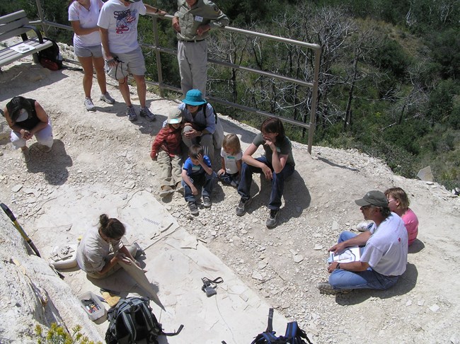 A person in uniform sits on a rock slab and holds up a rock showing it to a group of people.
