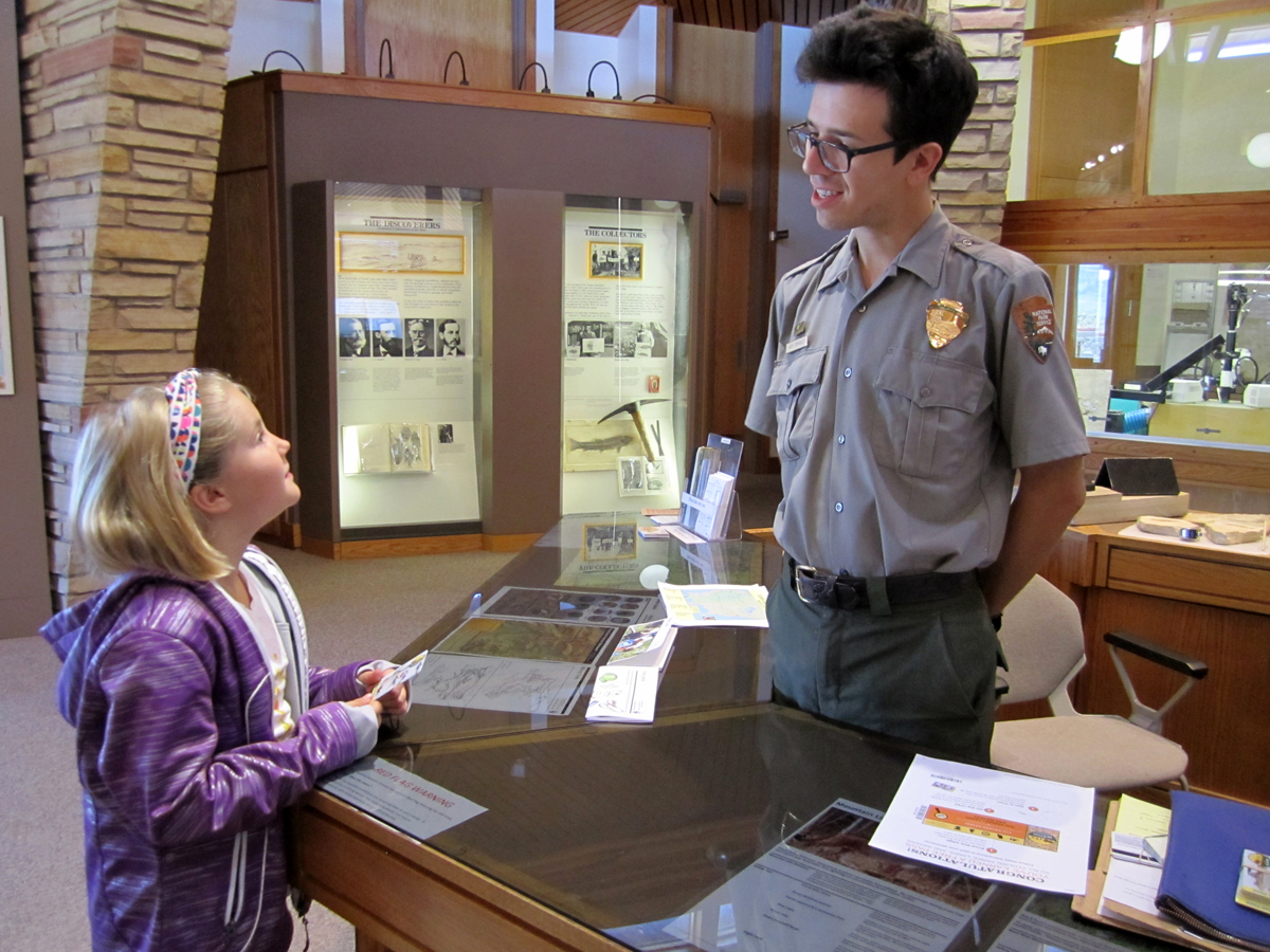 Ranger Andy visits with Kemmerer 4th grader Elizabeth about Every Kid in a Park program.