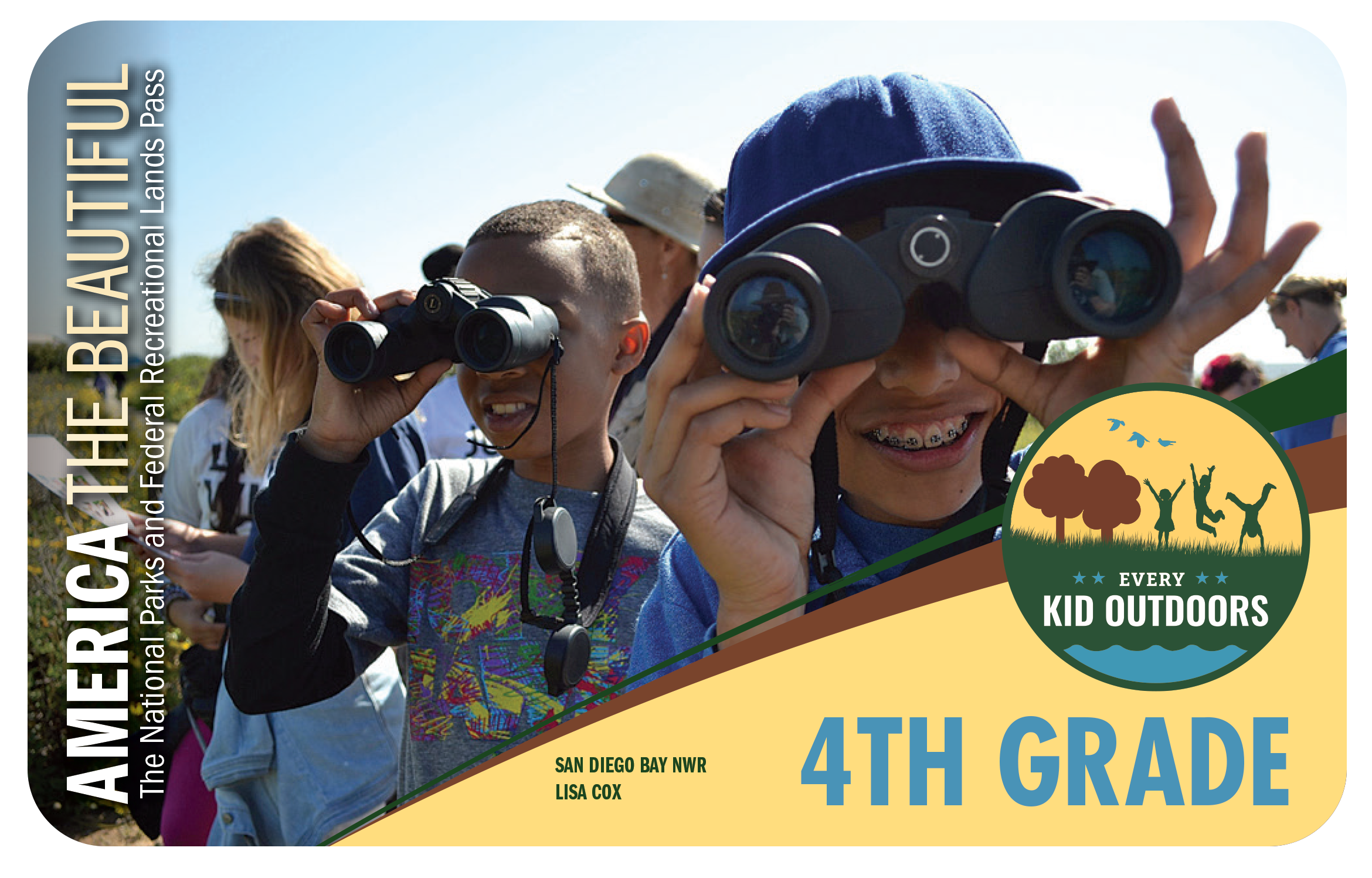 4th Grade America the Beautiful Pass with a photo of kids looking through binoculars