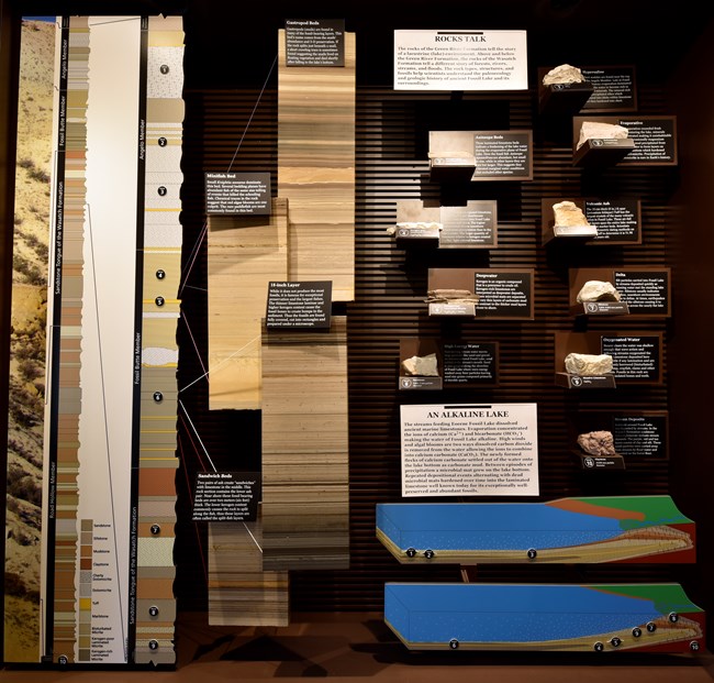 An exhibit with rocks on display. One text panel is titles Rocks Talk and another is titled An Alkaline Lake. There is a stratigraphic column labeled with circles and diagrams of a lake also labeled with circles.