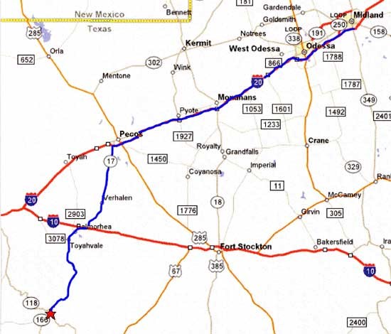 Map from Midland/Odessa to Fort Davis, Texas.
