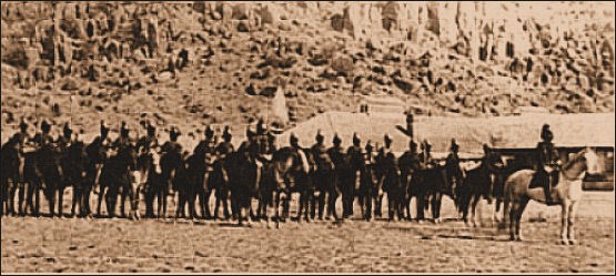 Historic photograph of a 9th Cavalry company at Fort Davis, circa 1875.