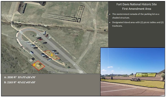Fort Davis First Amendment Area. A birds eye view of a parking area in the upper left corner, and a street view of the parking area and picnic table in the lower right.