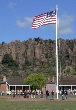 A formal flag-raising ceremony at Fort Davis National Historic Site during the Sesquicentenniel Celebration in October 2004.