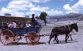 A living history soldier takes children on an authenic army wagon ride.