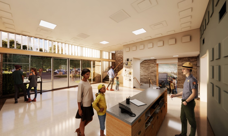 a computer generated image of interior of a bright visitor center with large floor-to-ceiling windows letting in natural light.
