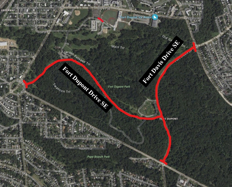 427a7ba8-748b-4a41-a5e1-9ea78064f552 National Park Service (NPS) will close Fort Dupont Drive SE between Randle Circle SE and Fort Davis Drive SE, Fort Davis Drive SE from Massachusetts Avenue SE to Ridge Road SE, and the alley connecting Ely Place SE to F Street SE from 6 a.m. to 11:59 p.m.
