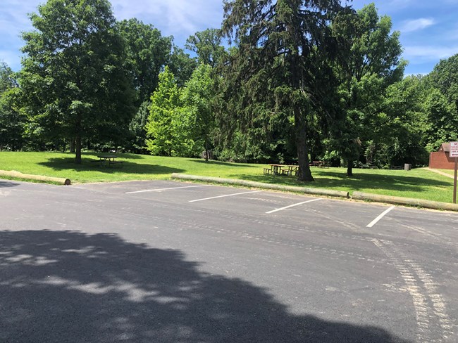 Parking spots with trees, a barrier, and grass beyond.