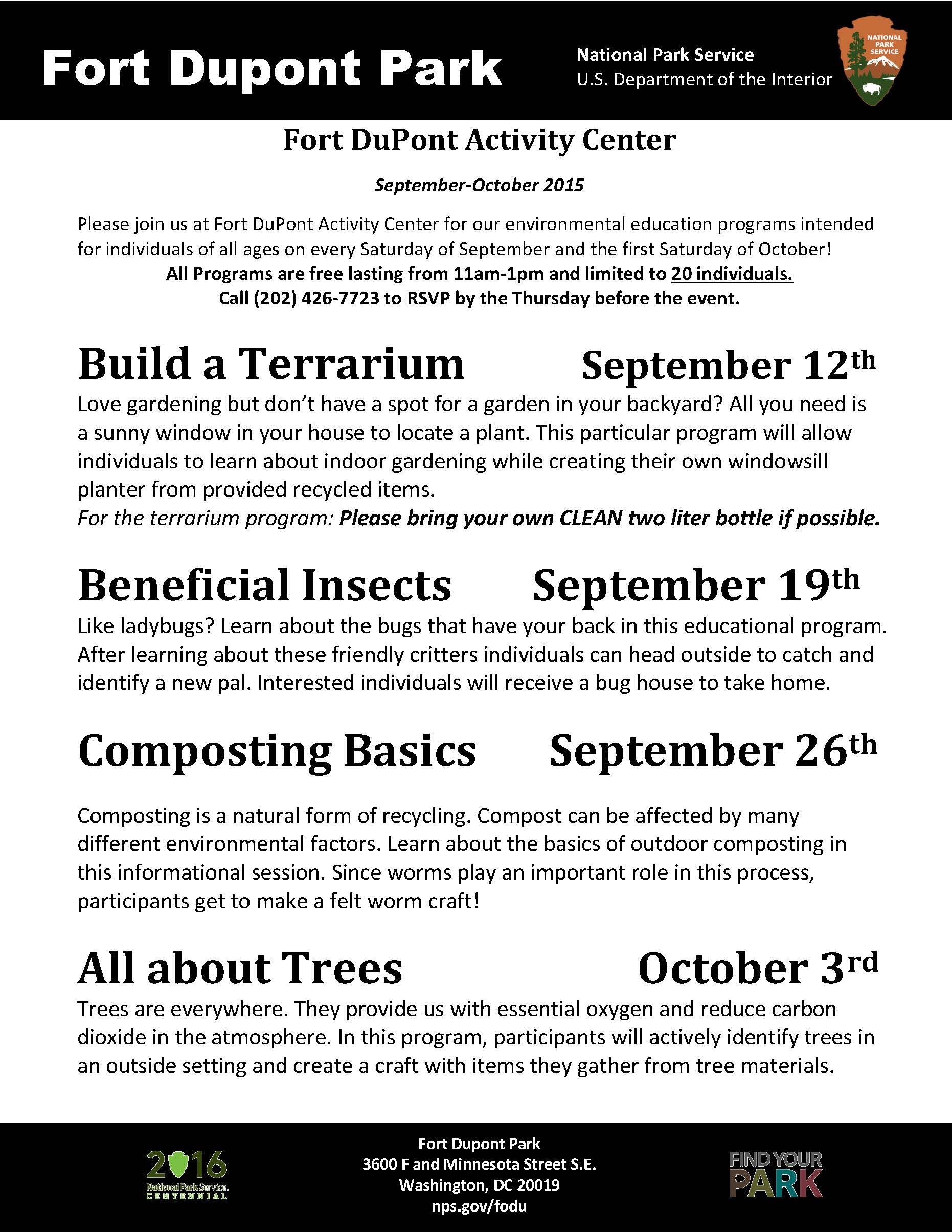 Schedule Of Events Fort Dupont Park (U.S. National Park Service)