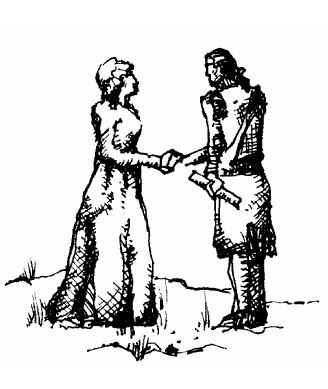 Sketch of a man and woman shaking hands. Man holds scroll in his left hand.