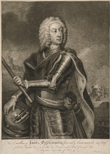 Oglethorpe wearing armor and a white wig holding a staff and helmet.