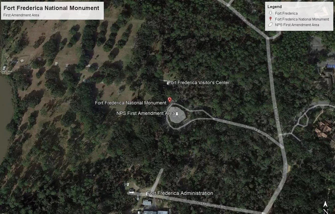 Map of Fort Frederica NM showing First Amendment Area