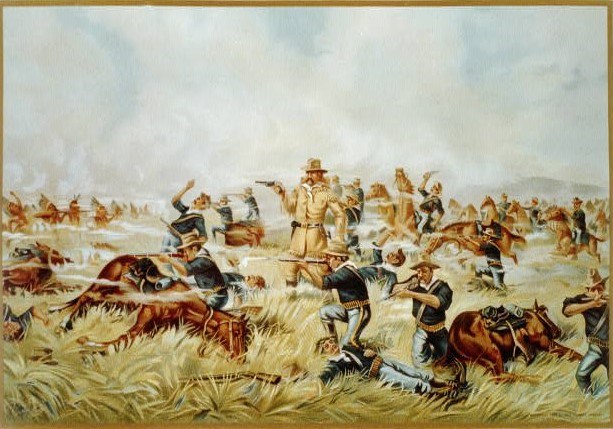 A historical depiction of the Battle of the Little Bighorn, showcasing Native American warriors and U.S. cavalry in conflict.