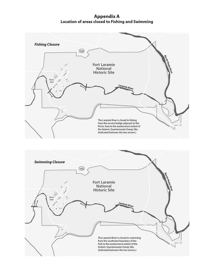 Appendix A - 2023 Two maps showing the area where the Laramie River is closed to fishing and swimming matching the superintendent's compendium
