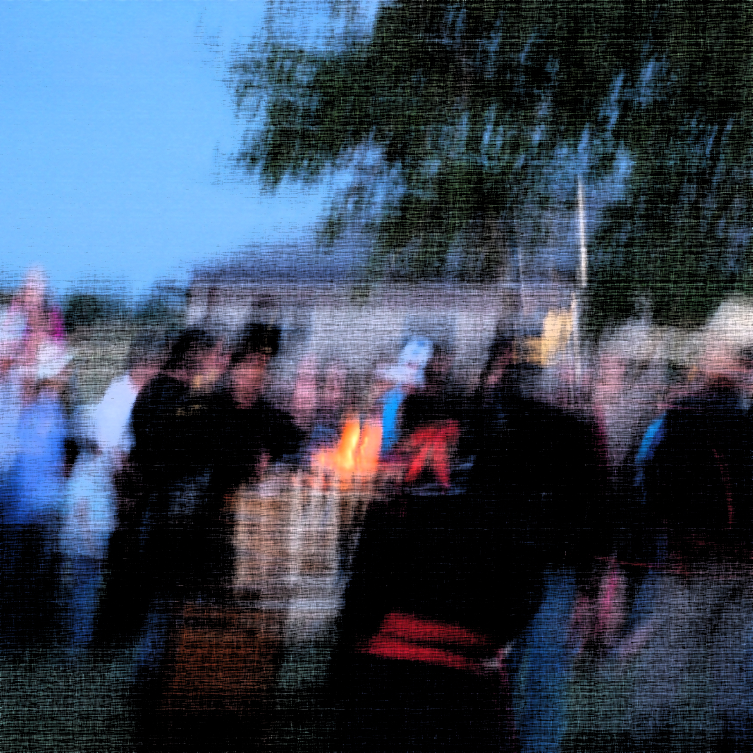 2015 Moonlight Tour lighting lanterns A blurry nighttime scene which has been run through photoshop filters but the central flame and bayonets are still visible among the crowd.